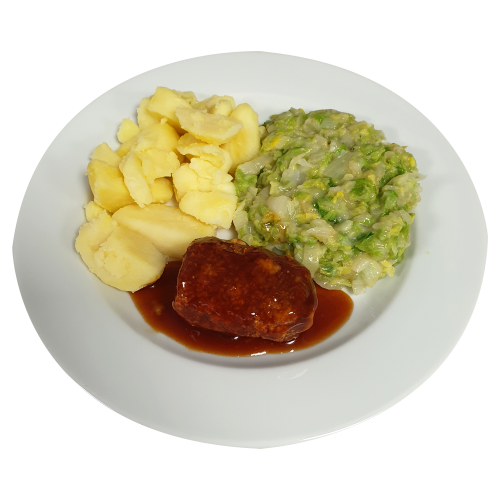 Boomstam(v) Vleesjus Chinese kool met saus Aardappelen gekookt
